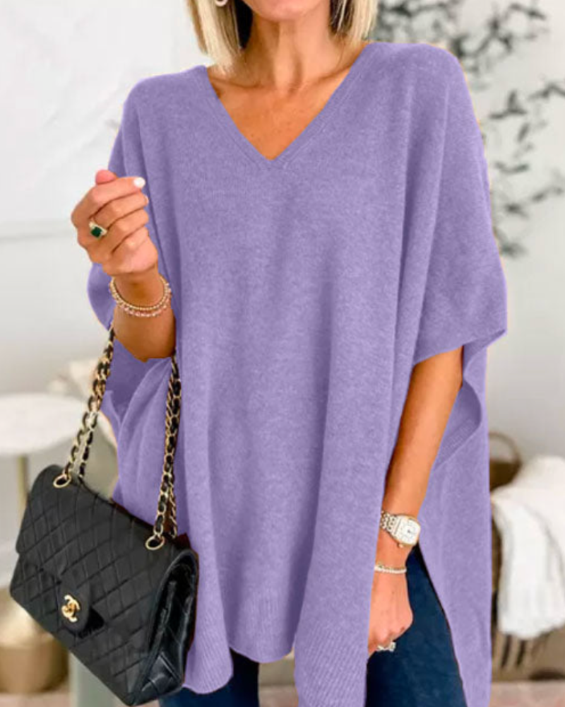 Erica - V Neck Loose Fit Solid Poncho Sweater