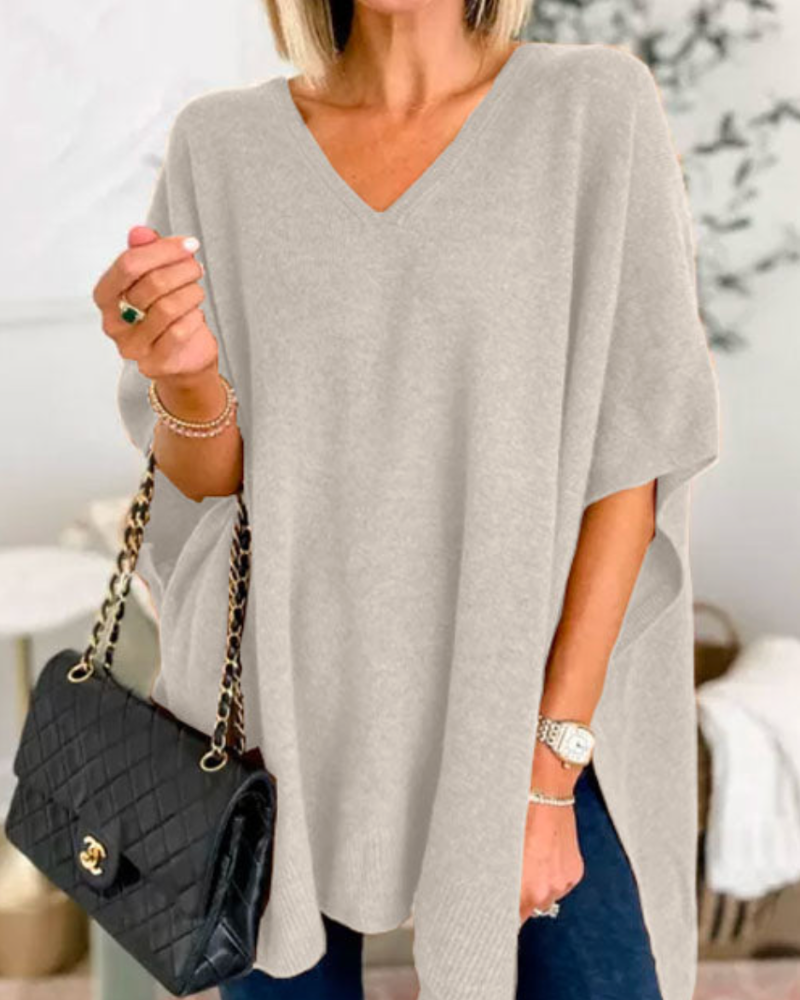 Erica - V Neck Loose Fit Solid Poncho Sweater