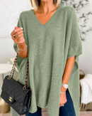 Erica - V Neck Loose Fit Solid Poncho Sweater