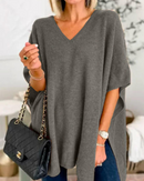 Erica - V Neck Loose Fit Solid Poncho Sweater