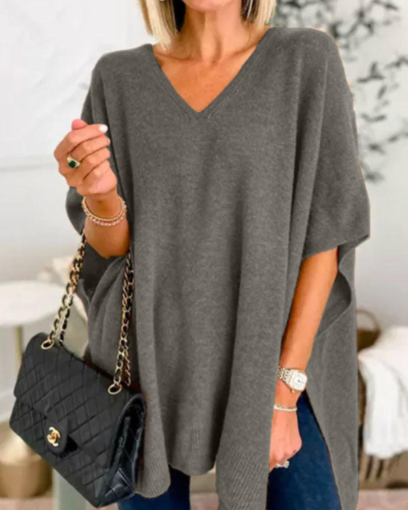 Erica - V Neck Loose Fit Solid Poncho Sweater